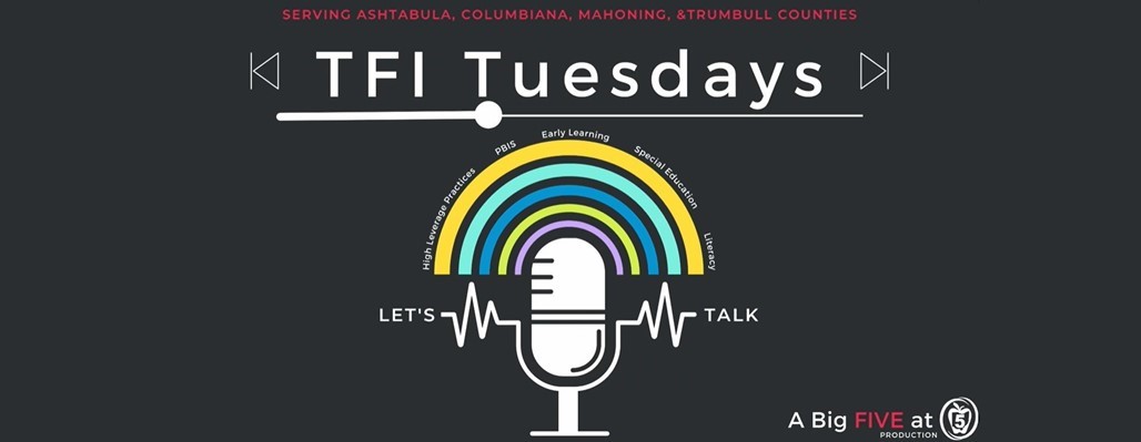 White podcast style microphone on an all black background with the words TFI Tuesday at the top.