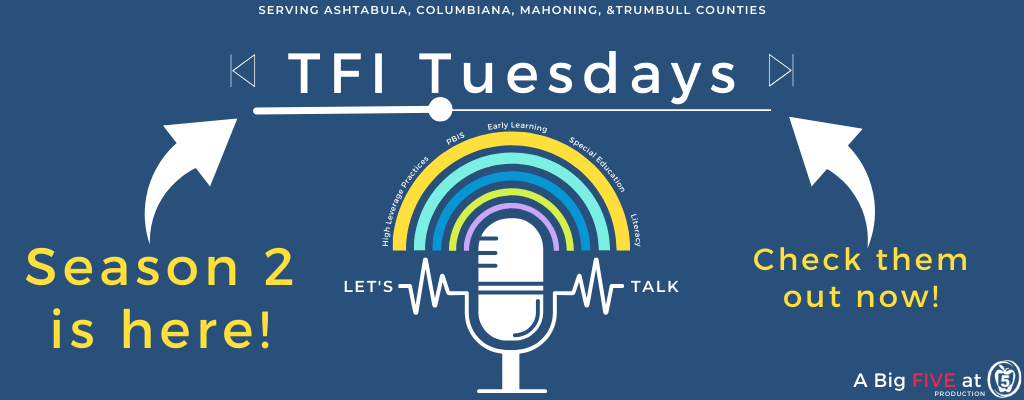 White podcast style microphone on an all blue background with the words TFI Tuesday at the top.