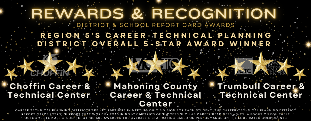 Image titled &#39;Rewards & Recognition: District & School Report Card Awards.&#39; The text announces that Region 5&#39;s Career-Technical Planning District (CTPD) received the Overall 5-Star Award. Three schools—Choffin Career & Technical Center, Mahoning County Career & Technical Center, and Trumbull Career & Technical Center—are highlighted with five stars each. The bottom section explains that Career Technical Planning Districts support Ohio’s vision for equitable student outcomes through key metrics such as career readiness and are awarded based on performance in four rated components. The background is decorated with gold stars and a black and gold color theme.