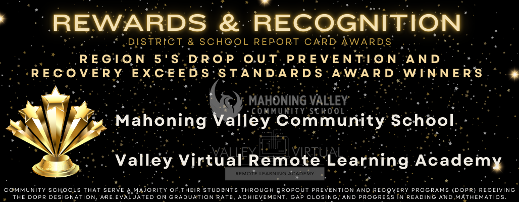 Image titled &#39;Rewards & Recognition: District & School Report Card Awards.&#39; The text highlights Region 5&#39;s Dropout Prevention and Recovery Exceeds Standards Award winners: Mahoning Valley Community School and Valley Virtual Remote Learning Academy. A gold trophy icon is displayed beside Mahoning Valley Community School. The bottom section explains that community schools serving a majority of students through dropout prevention and recovery programs (DOPR) are evaluated on graduation rate, achievement, gap closing, and progress in reading and mathematics. The background features a black and gold theme with scattered stars.